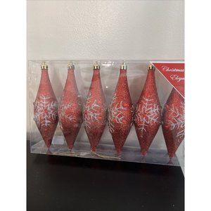 Vintage Style Christmas Ornaments Oblong 5” Shatterproof Red Silver Glitter 6